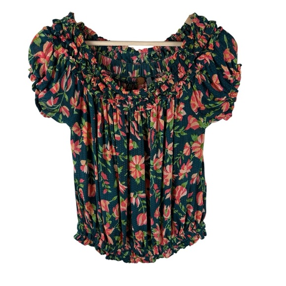 Free People Suki Top Women's Small Green Floral Smocked Off the Shoulder - Picture 3 of 8
